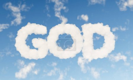 Foto de Palabra DIOS escrita con nubes sobre un cielo. concepto religioso y espiritual sobre Dios. renderizado 3d - Imagen libre de derechos
