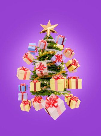 Téléchargez les photos : Arbre de Noël avec de nombreux cadeaux flottant autour sur un fond violet isolé. shopping, vacances et Noël concept. Rendu 3d - en image libre de droit