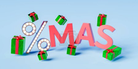 Téléchargez les photos : Panneau XMAS avec un symbole de pourcentage illuminé et des cadeaux flottant autour sur un fond bleu isolé. achats de Noël et concept de réductions. Rendu 3d - en image libre de droit