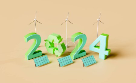 Zeichen für das neue Jahr 2024 mit dem Recycling-Symbol und erneuerbaren Energieerzeugern. 3D-Darstellung