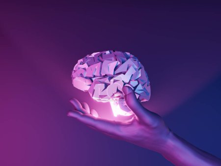 brain illuminated with rays of light on a dark hand with futuristic neon lighting. 3d rendering