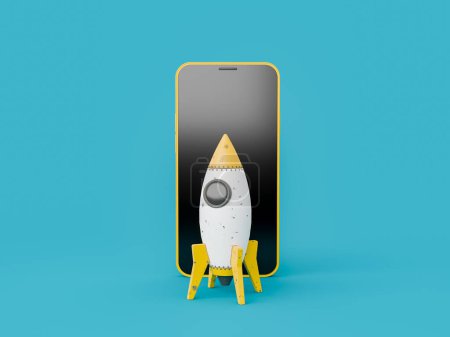 Téléchargez les photos : Fusée jouet jaune devant un téléphone portable sur un fond bleu isolé. Rendu 3d - en image libre de droit