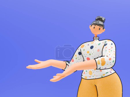 Photo for 3D rendering of a cartoon woman in a polka dot shirt and yellow pants, with arms outstretched presenting an empty space, on a plain blue background. - Royalty Free Image
