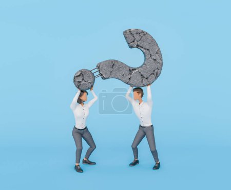 Photo for 3D rendering of a stylized cartoon businesswoman and businessman jointly lifting a stone question mark, depicting collaboration and shared challenges, set against a blue background. - Royalty Free Image