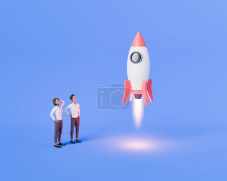 Téléchargez les photos : Rendu 3D d'un homme et d'une femme stylisés regardant un modèle de fusée de lancement, représentant le succès, la croissance de démarrage, ou une percée innovante dans un contexte bleu. - en image libre de droit