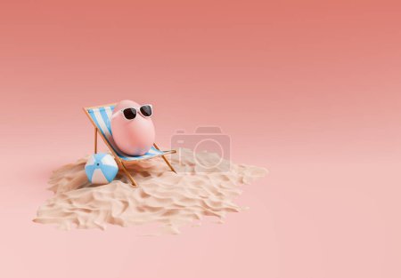 Téléchargez les photos : 3d rendering of a stylized Easter egg with sunglasses, resting on a beach chair next to a beach ball in a pile of beach sand on a coral pink background. Easter holidays concept. - en image libre de droit