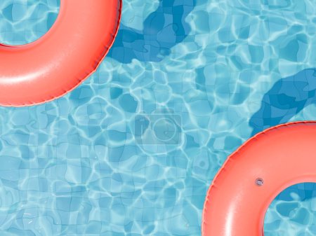 Photo for 3D rendering of two red-colored swim rings on the shimmering surface of a swimming pool. Summer leisure concept. - Royalty Free Image