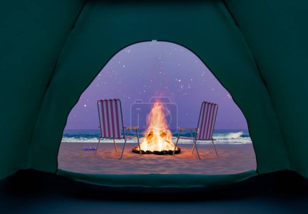 3D-Darstellung einer Ansicht aus dem Inneren eines Zeltes, die zwei Campingstühle und ein Lagerfeuer an einem Sandstrand unter einem sternenklaren Nachthimmel zeigt. Gemütliches Campingkonzept.