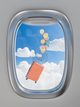 Photo for 3D rendering of an orange suitcase tied to colorful balloons, floating outside an airplane window, against a backdrop of fluffy clouds. Travel adventure concept. - Royalty Free Image
