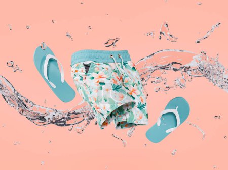 3D rendering of tropical swim shorts and flip-flops amidst a dynamic water splash, set against a coral backdrop. Refreshing summer concept.