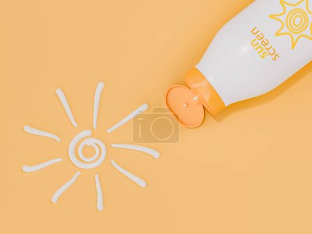 Open sunscreen bottle with cream arranged in a sun shape on a peach-colored background. Concept of summer skincare and sun safety. 3d rendering