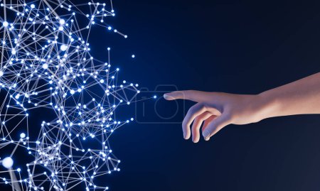 Human hand touching a vibrant network of glowing nodes and connections against a dark blue background. Human-computer interaction, aritificial intelligence and brain-computer interface. 3d rendering
