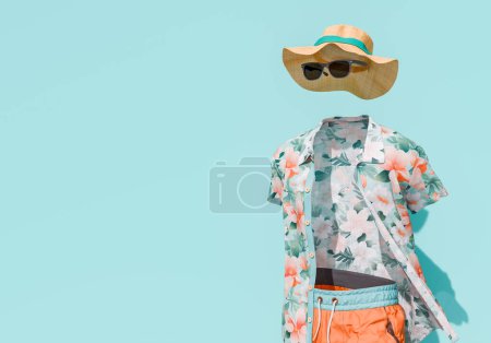 Summer beachwear on invisible man, styled with a floral shirt, orange swim shorts, straw hat, and sunglasses against a soothing blue background. Vacation fashion concept. 3d rendering
