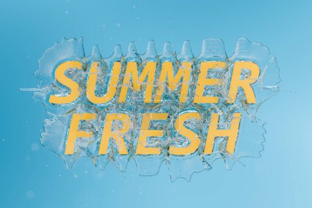 Words "Summer Fresh" in bold yellow letters breaking through a crystal-clear ice splash against a refreshing blue background. Dynamic summer concept. 3d rendering