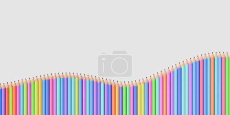 Eine Reihe bunter Bleistifte mit einer Vielzahl lebendiger Farben, sauber in einer geschwungenen Linie vor einem weißen Hintergrund angeordnet. Konzept von Kunst, Kreativität und Bildung. 3D-Darstellung
