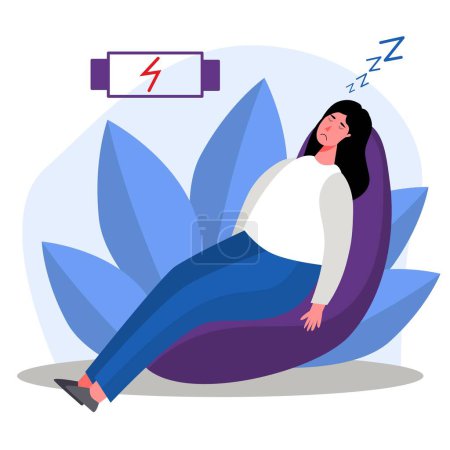 Illustration for Chronic girl tired low battery flat design character. Exhausted female on sofa feeling sleepy. - Royalty Free Image