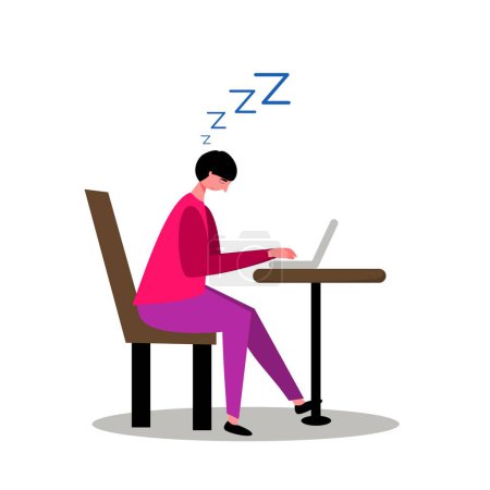 Illustration for Boy sleepy at work in front of laptop flat design character - Royalty Free Image