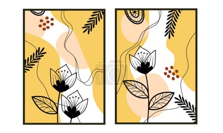 Illustration for Hand drawn minimal line art flower wall print collection. Set of 2 floral boho wall decoration, wall art, wallpaper, wall print, cards and background. Organic shapes poster. - Royalty Free Image