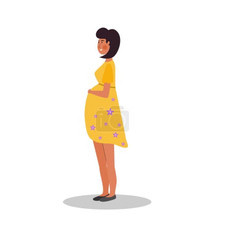 Illustration for Pregnant women holding her stomach illustration character. Young prengnant girl wearing yellow dress touch distended stomach vector illustration. - Royalty Free Image