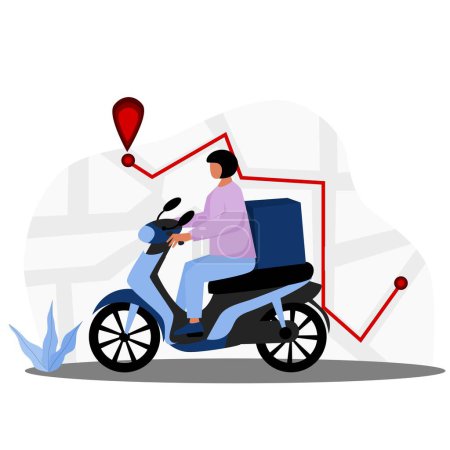 Illustration for Couriers deliver packages using motorbikes illustration. Package couriers deliver packages using maps illustration vector art. Good for poster, template, banner and background. - Royalty Free Image