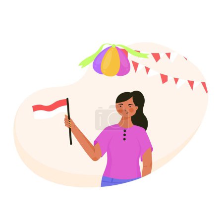 Téléchargez les illustrations : Une fille célèbre l'indépendance de l'Indonésie 17 août 1945 Illustration. fille indonésienne tenant indonésien drapeau illustration - en licence libre de droit