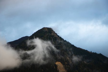 Téléchargez les photos : Majesté de montagne : un pic solitaire se levant par le voile de brume du matin. Photo de haute qualité - en image libre de droit