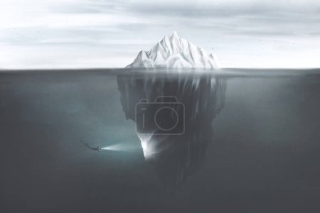 Foto de Ilustración del buceador con antorcha que ilumina el lado oscuro del iceberg bajo el agua, concepto de mente surrealista - Imagen libre de derechos