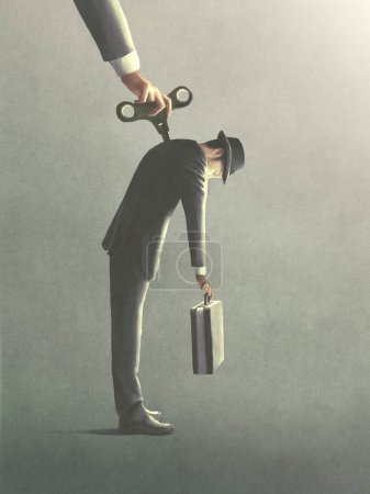 Foto de Ilustración de cansado terminar hombre de negocios clave necesita recarga para seguir trabajando, concepto surrealista - Imagen libre de derechos
