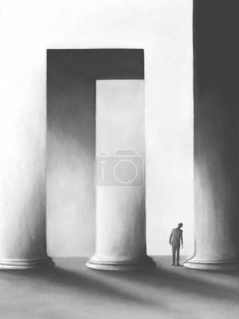 Illustration of man inside a surreal building, optical illusion abstract concept
