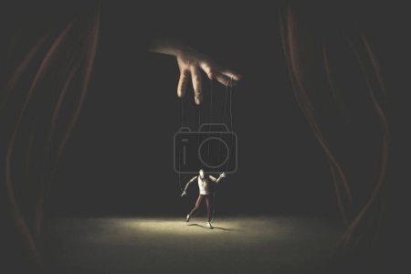 Illustration of puppet and puppeteer performance, abstract surreal control concept
