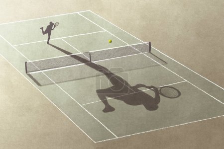 Téléchargez les photos : Illustration de l'homme jouant au tennis avec son ombre, concept abstrait surréaliste - en image libre de droit