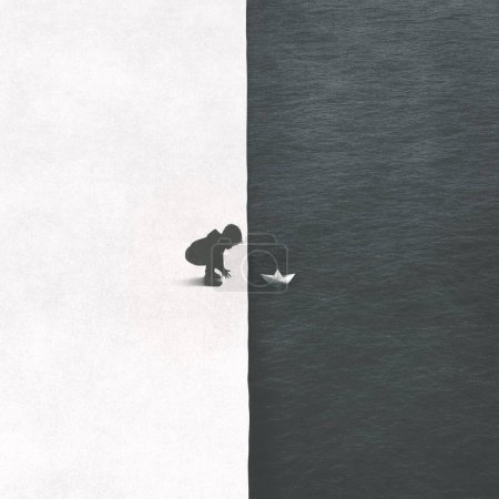 Téléchargez les photos : Illustration du petit enfant jouant avec un bateau en papier dans l'eau, concept de contraste noir et blanc - en image libre de droit