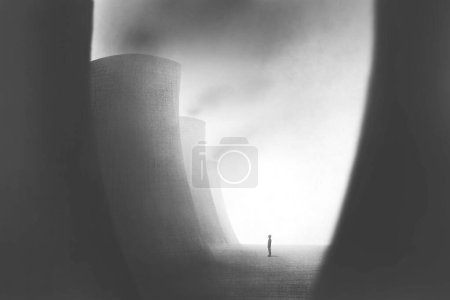 Téléchargez les photos : Illustration du problème de pollution industrielle, concept surréaliste minimal noir et blanc - en image libre de droit