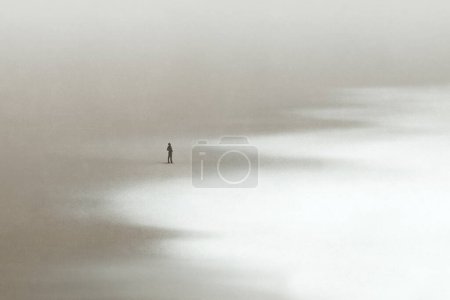 Téléchargez les photos : Illustration de l'homme seul marchant dans le sable en regardant la mer calme, paysage marin minimal surréaliste - en image libre de droit
