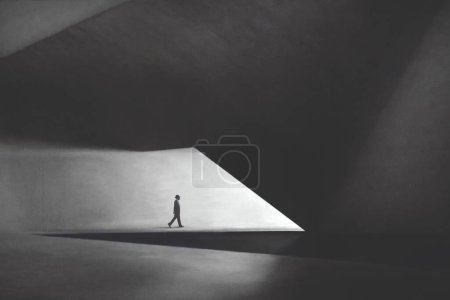 Téléchargez les photos : Illustration d'un homme d'affaires marchant sous une architecture moderne minimale - en image libre de droit