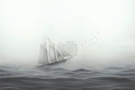 Photo for Illustration of sailing ship facing the sea - Royalty Free Image