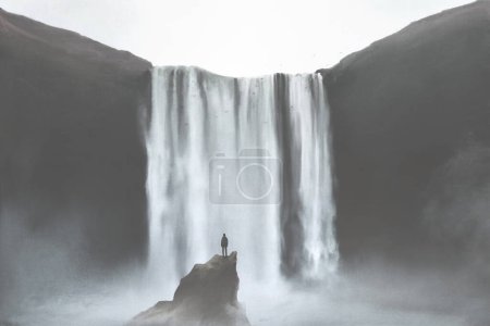 Téléchargez les photos : Illustration de l'homme regardant majestueuse cascade puissante, concept naturel - en image libre de droit