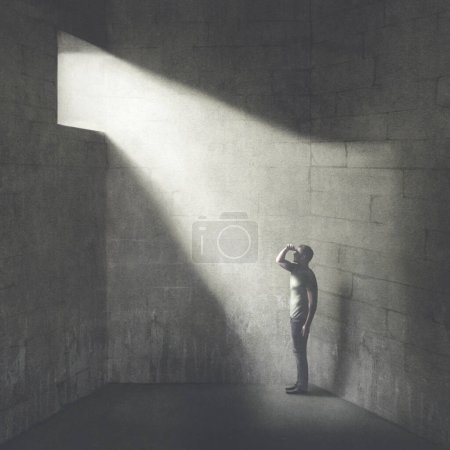 Téléchargez les photos : Illustration de l'homme triste solitaire regardant par la fenêtre, concept abstrait - en image libre de droit