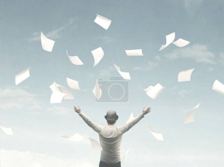 Téléchargez les photos : Illustration de l'homme jetant des feuilles de papier dans l'air, concept surréaliste - en image libre de droit