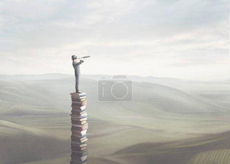 Téléchargez les photos : Illustration d'un homme sage avec des jumelles au sommet d'une tour de livres, concept surréaliste - en image libre de droit