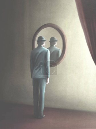 Téléchargez les photos : Illustration de l'homme se regardant reflété dans un miroir mystérieux, concept surréaliste - en image libre de droit