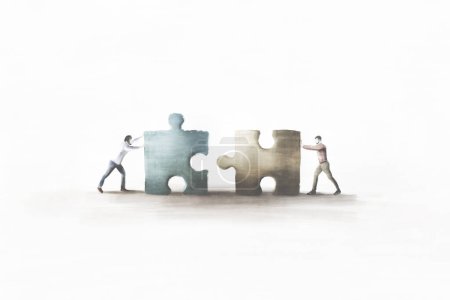 Téléchargez les photos : Illustration d'hommes d'affaires jouant dans le travail d'équipe avec puzzle, concept de coopération - en image libre de droit