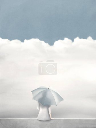 Téléchargez les photos : Illustration de femme avec parapluie attendant que les nuages passent, espoir concept abstrait - en image libre de droit