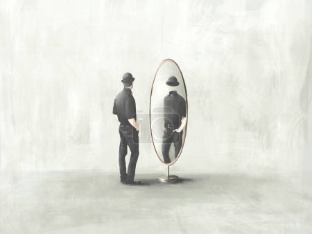 Téléchargez les photos : Illustration de l'homme se regardant sans tête reflétée dans le miroir, concept d'identité surréaliste - en image libre de droit