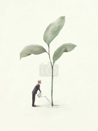 Illustration eines Geschäftsmannes, der eine große Knospe gießt, surreales abstraktes Gartenkonzept