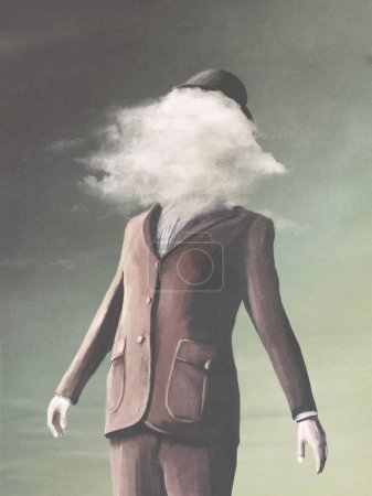 Téléchargez les photos : Illustration portrait de l'homme, tête dans les nuages, concept abstrait surréaliste - en image libre de droit