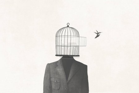 Téléchargez les photos : Illustration de l'homme avec cage à oiseaux ouverte au-dessus de sa tête, concept de liberté surréaliste - en image libre de droit