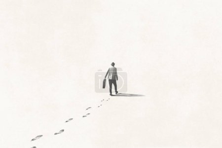 Téléchargez les photos : Illustration de l'homme marchant perdu dans le brouillard, concept surréaliste - en image libre de droit