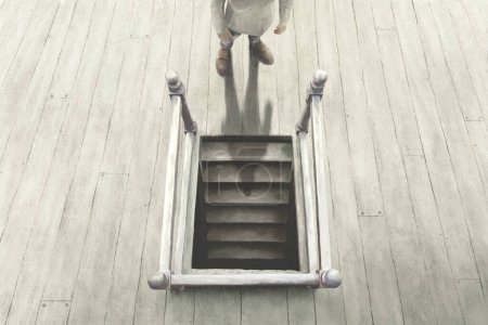 Photo for Illustration of man getting downstairs, fear of the dark surreal concept - Royalty Free Image