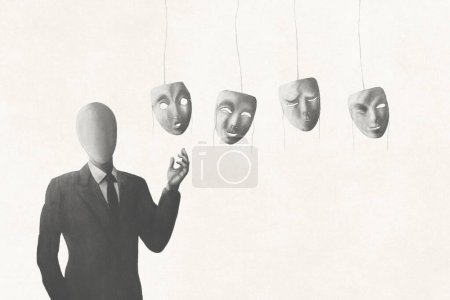 Téléchargez les photos : Illustration d'un homme d'affaires sans visage choisissant le bon masque à porter, concept d'identité surréaliste - en image libre de droit
